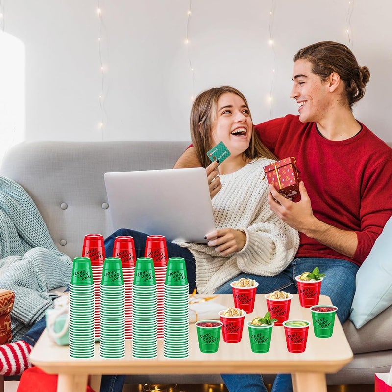 cssopenss 120 Pcs 2 oz Christmas Shot Cups Christmas Plastic Shot Glasses Red and Green shot Glasses for Party Wedding Birthday Family Gatherings and Festive Celebrations - Image 3
